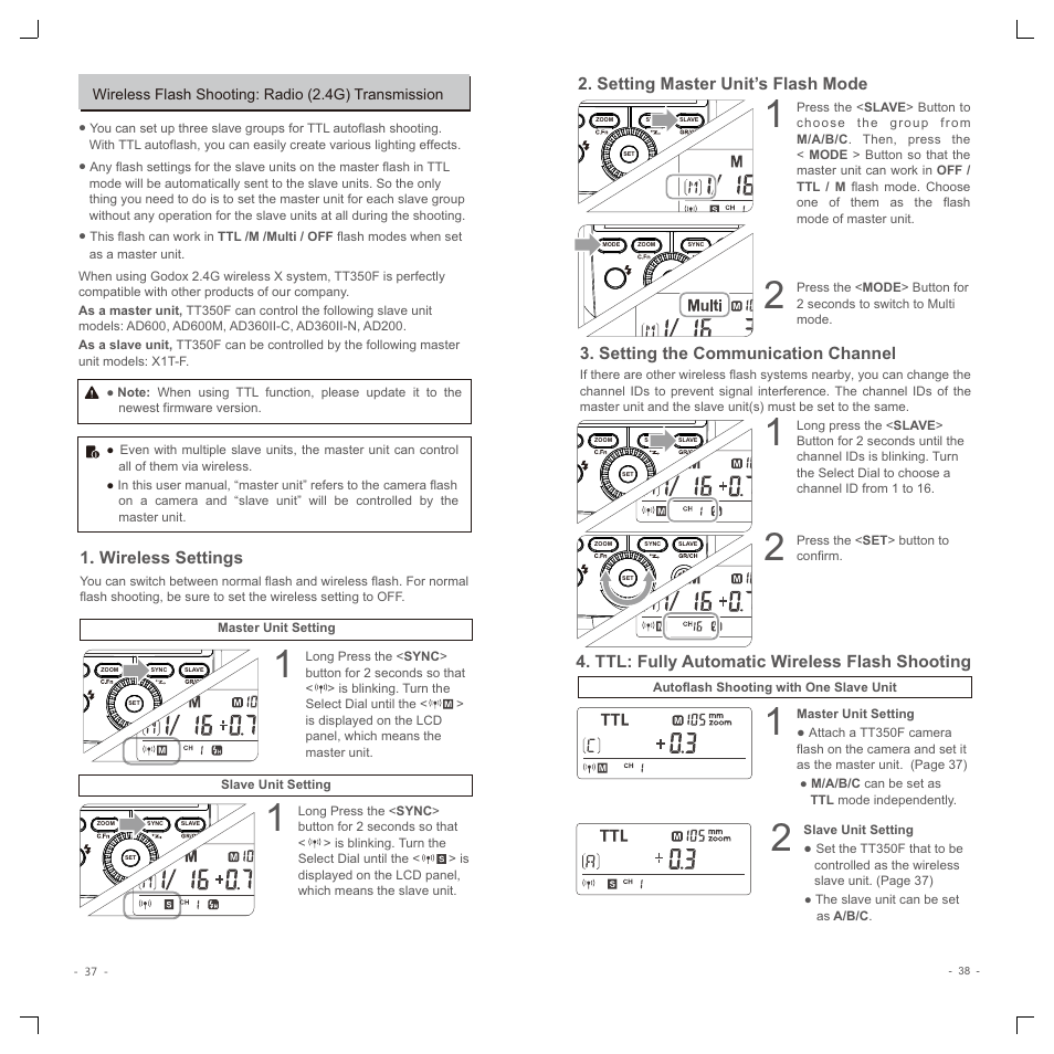 Wireless settings, Setting the communication channel, Setting master unit’s flash mode | Ttl: fully automatic wireless flash shooting | Godox TT350F Mini Thinklite TTL Flash for Cameras User Manual | Page 8 / 13