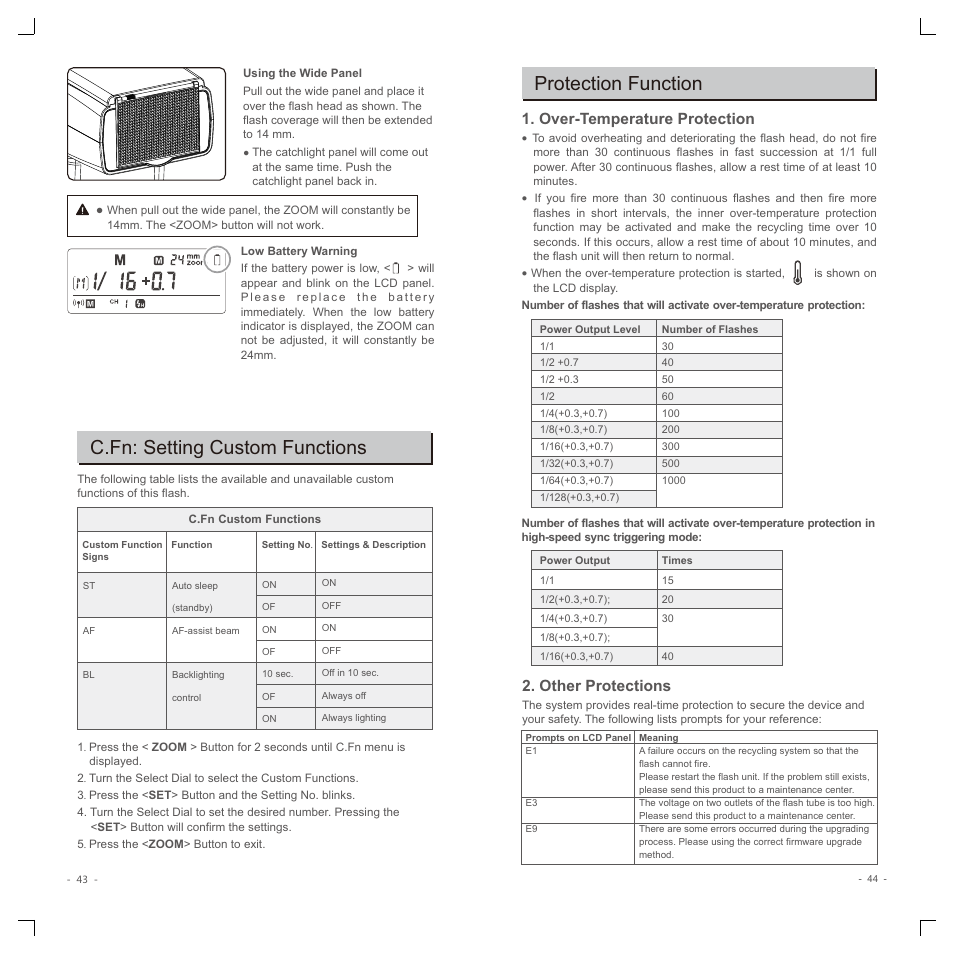 C.fn: setting custom functions, Protection function, Over-temperature protection | Other protections | Godox TT350N Mini Thinklite TTL Flash for Cameras User Manual | Page 11 / 13