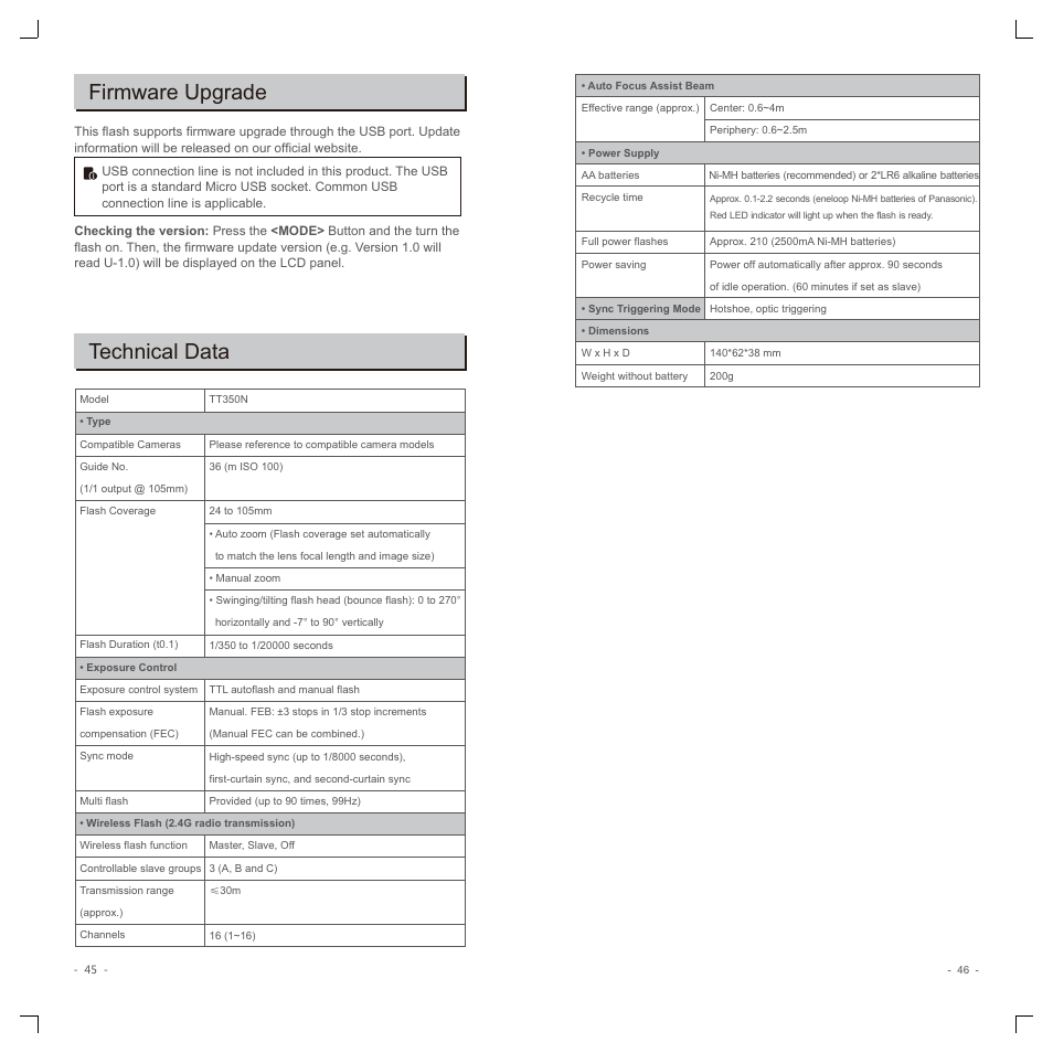 Firmware upgrade, Technical data | Godox TT350N Mini Thinklite TTL Flash for Cameras User Manual | Page 12 / 13