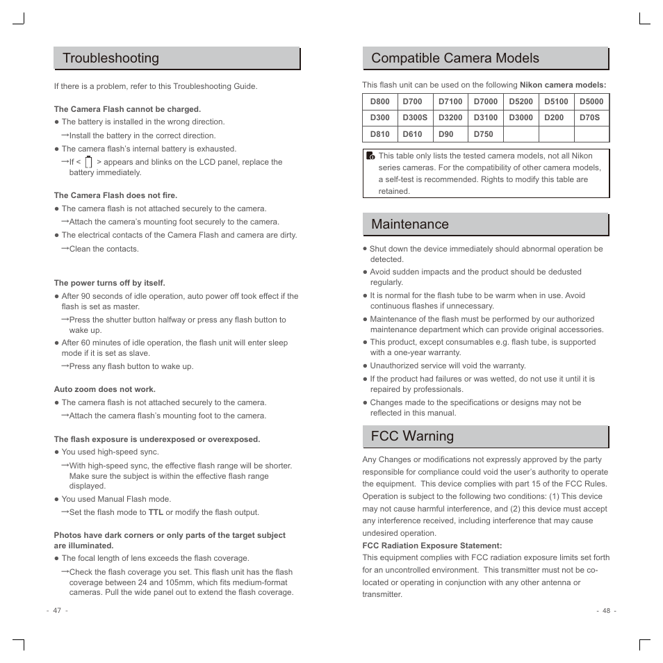 Troubleshooting compatible camera models, Maintenance, Fcc w arning | Godox TT350N Mini Thinklite TTL Flash for Cameras User Manual | Page 13 / 13