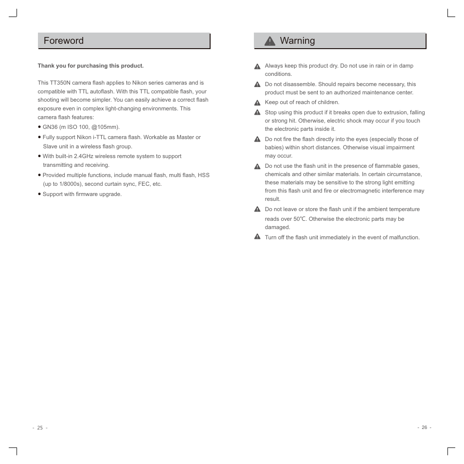 Foreword, Warning | Godox TT350N Mini Thinklite TTL Flash for Cameras User Manual | Page 2 / 13