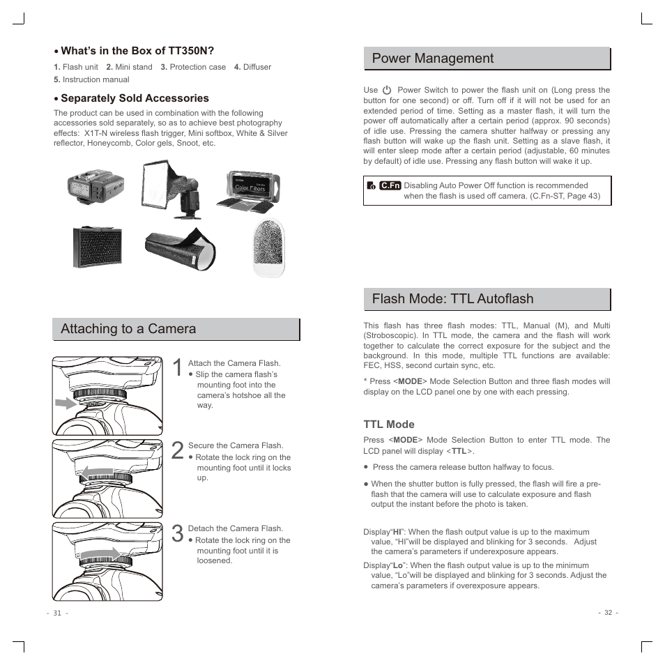 Attaching to a camera, Power management, Flash mode: ttl autoflash | Godox TT350N Mini Thinklite TTL Flash for Cameras User Manual | Page 5 / 13