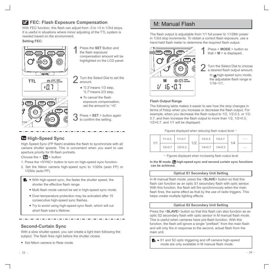 M: manual flash, Fec: flash exposure compensation, High-speed sync | Second-curtain sync | Godox TT350N Mini Thinklite TTL Flash for Cameras User Manual | Page 6 / 13