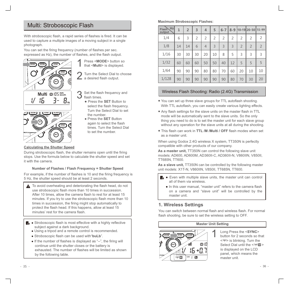 Multi: stroboscopic flash, Wireless settings | Godox TT350N Mini Thinklite TTL Flash for Cameras User Manual | Page 7 / 13