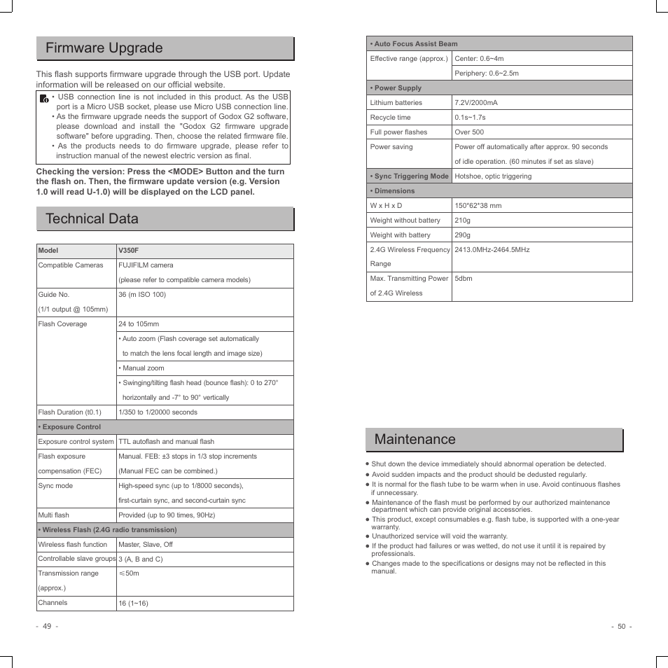 Firmware upgrade, Technical data, Maintenance | Godox V350F Flash for Select Cameras User Manual | Page 13 / 14