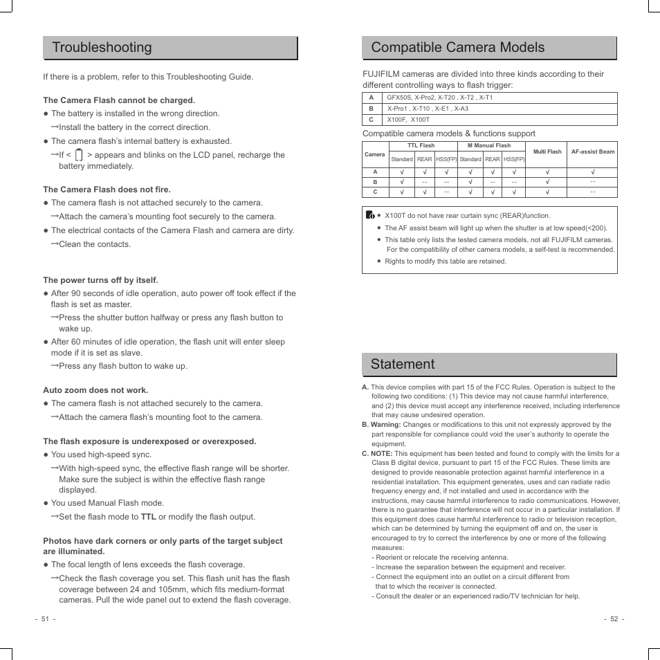 Troubleshooting compatible camera models, Statement | Godox V350F Flash for Select Cameras User Manual | Page 14 / 14