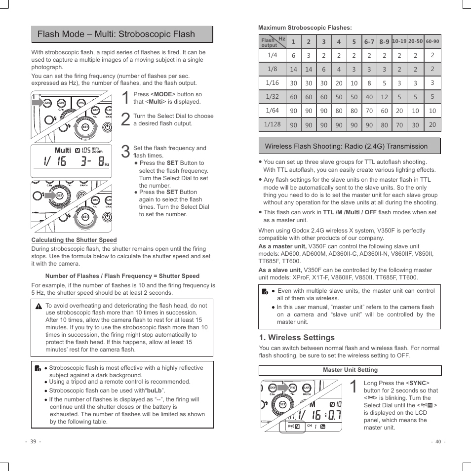 Flash mode – multi: stroboscopic flash, Wireless settings | Godox V350F Flash for Select Cameras User Manual | Page 8 / 14