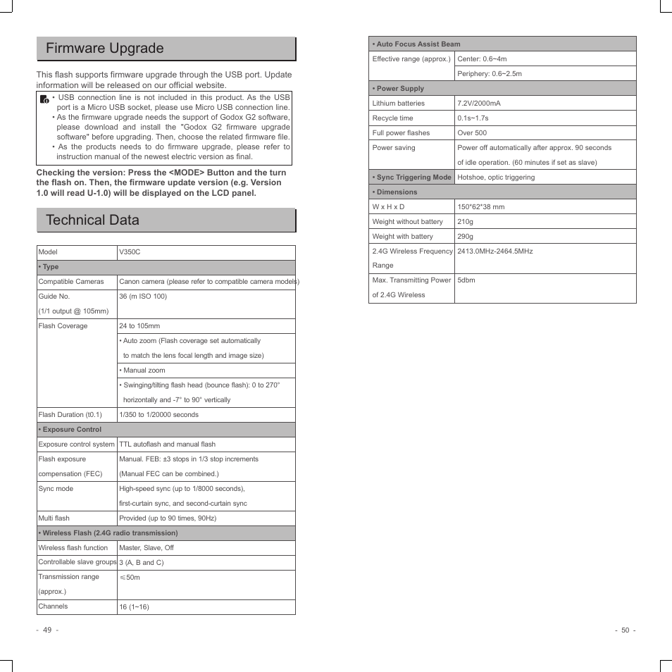 Firmware upgrade, Technical data | Godox V350C Flash for Select Cameras User Manual | Page 13 / 14