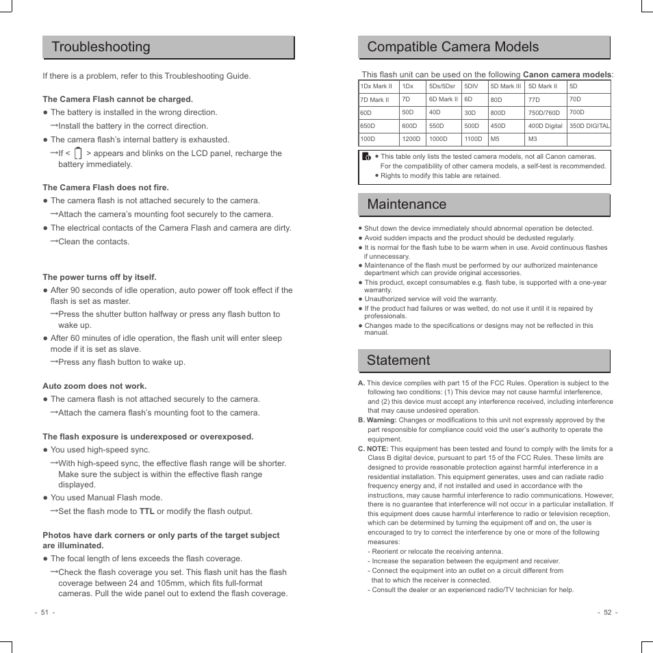Troubleshooting compatible camera models, Maintenance, Statement | Godox V350C Flash for Select Cameras User Manual | Page 14 / 14