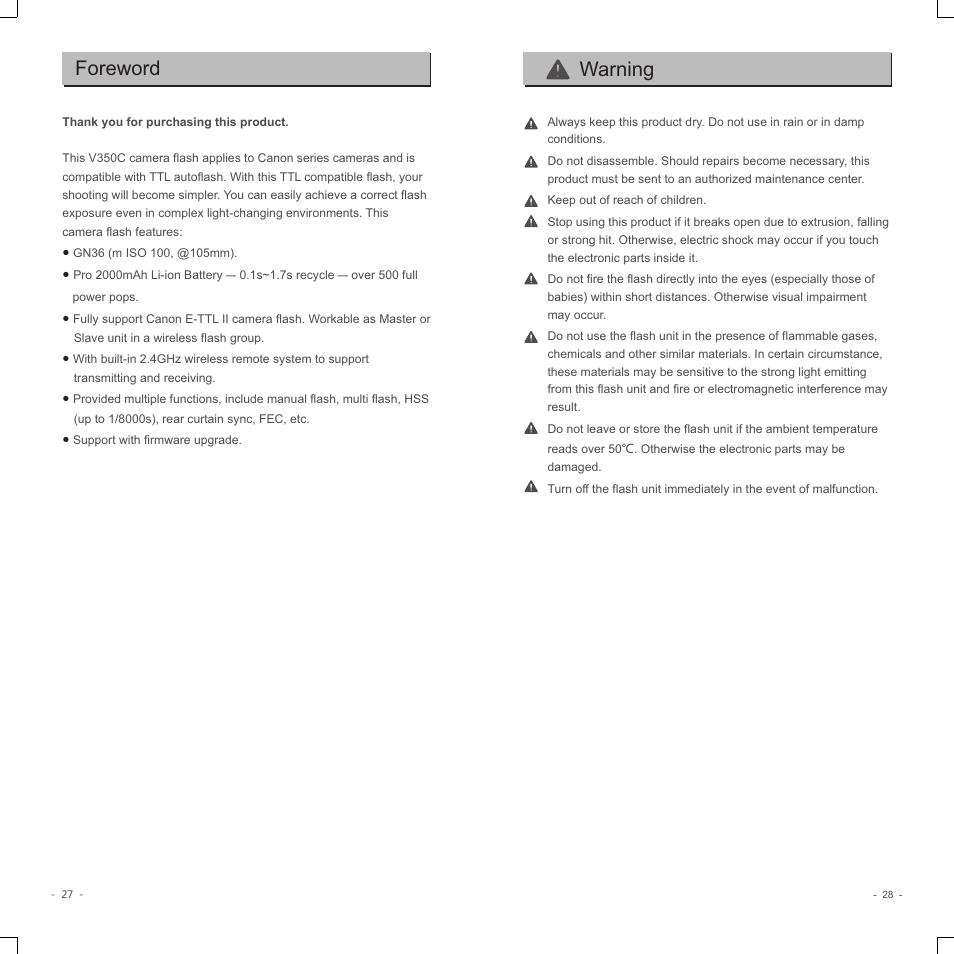 Foreword, Warning | Godox V350C Flash for Select Cameras User Manual | Page 2 / 14