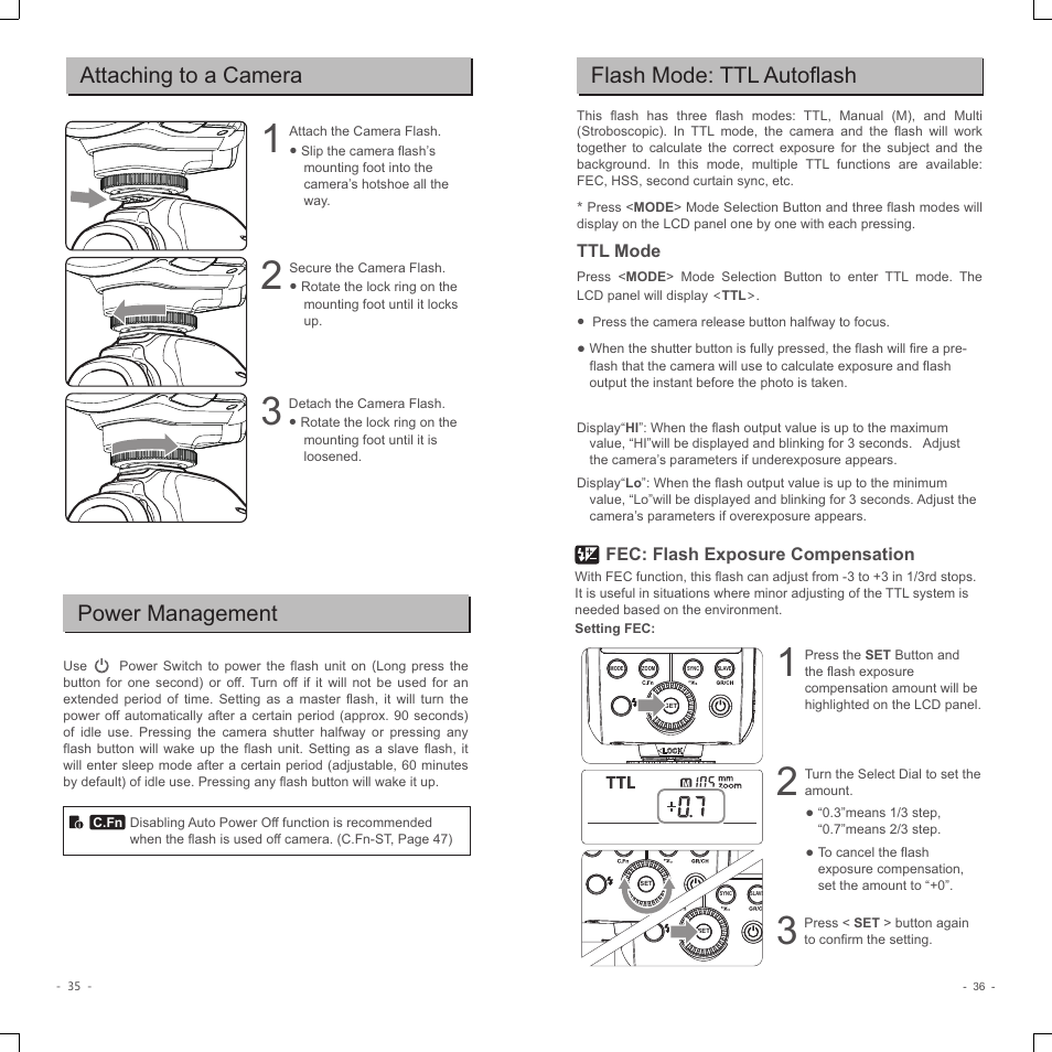 Attaching to a camera, Power management, Flash mode: ttl autoflash | Godox V350C Flash for Select Cameras User Manual | Page 6 / 14