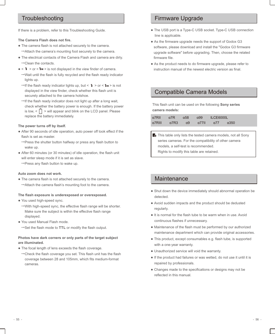 页 30, Troubleshooting, Firmware upgrade | Compatible camera models, Maintenance | Godox V1 Flash for Sony User Manual | Page 15 / 16