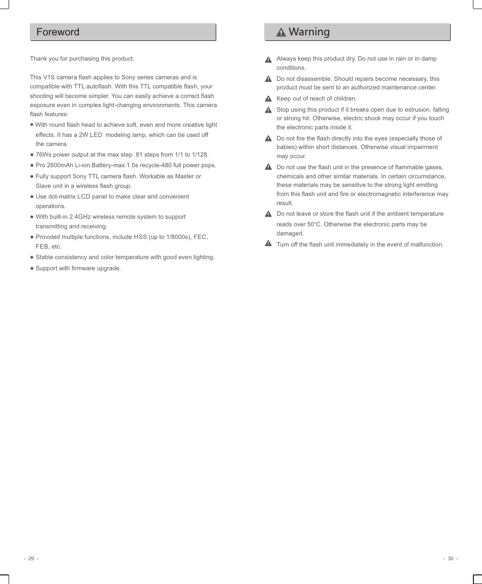 页 17, Warning foreword | Godox V1 Flash for Sony User Manual | Page 2 / 16