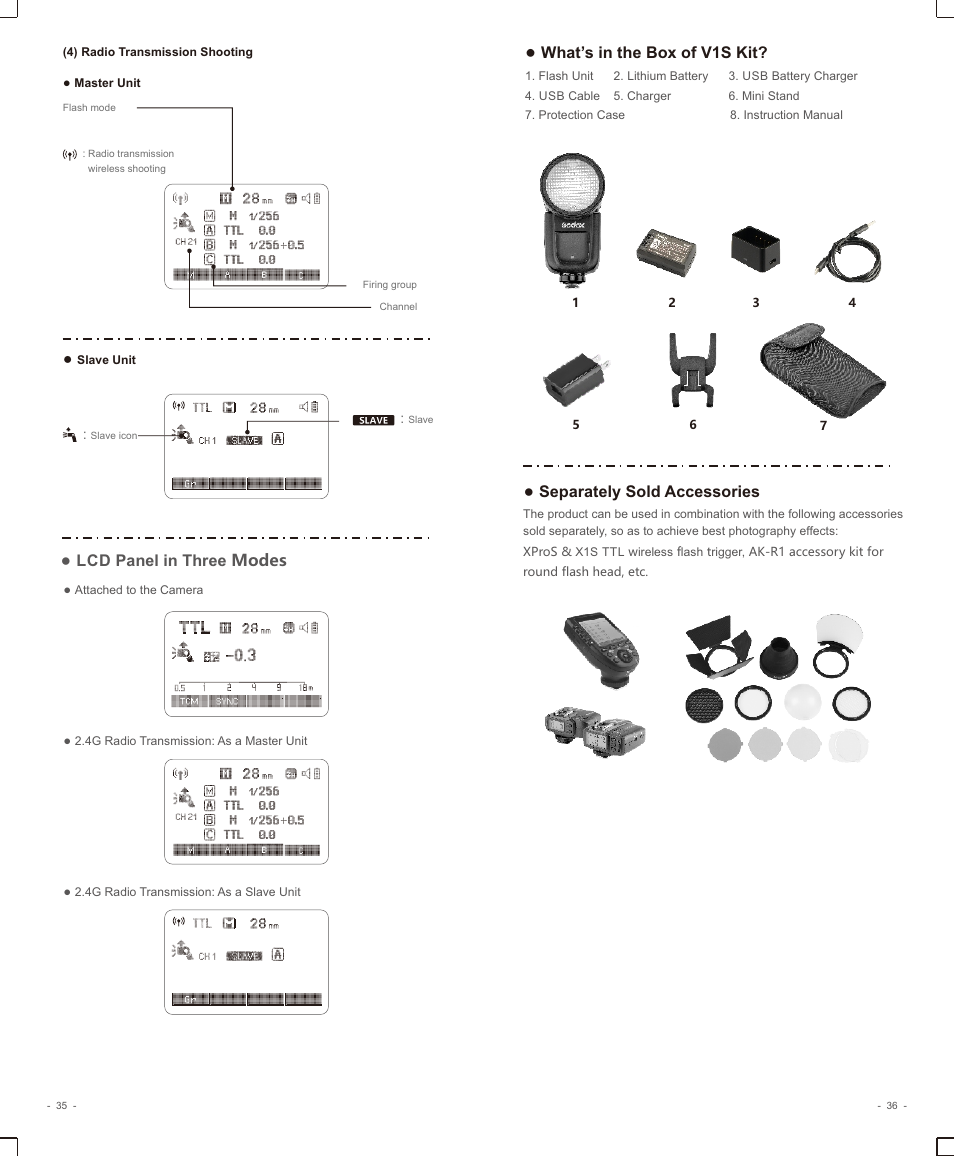 页 20, Lcd panel in three modes, What’s in the box of v1s kit | Separately sold accessories | Godox V1 Flash for Sony User Manual | Page 5 / 16