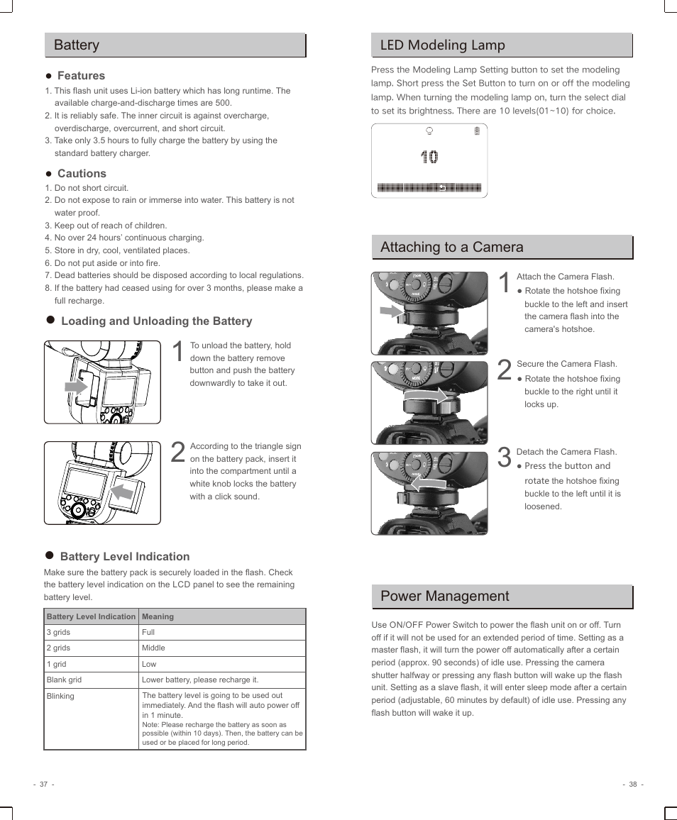 页 21, Battery, Attaching to a camera | Power management, Led modeling lamp | Godox V1 Flash for Sony User Manual | Page 6 / 16