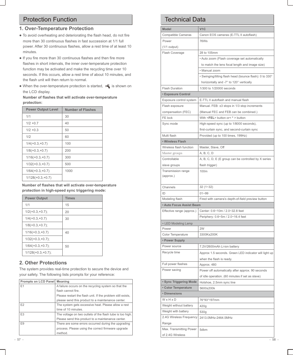 页 31, Protection function, Technical data | Over-temperature protection, Other protections | Godox V1 Flash for Canon User Manual | Page 15 / 17