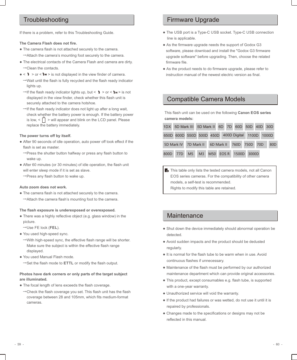 页 32, Troubleshooting, Firmware upgrade | Compatible camera models, Maintenance | Godox V1 Flash for Canon User Manual | Page 16 / 17