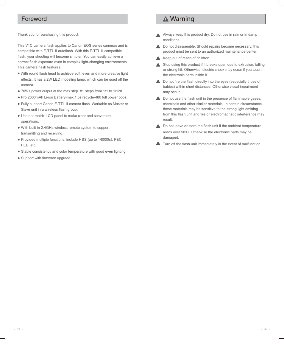 页 18, Warning foreword | Godox V1 Flash for Canon User Manual | Page 2 / 17