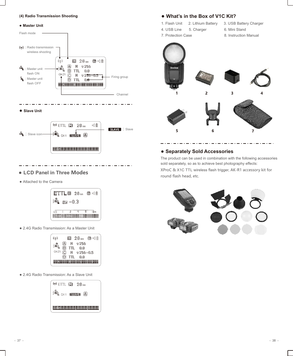 页 21, Lcd panel in three modes, What’s in the box of v1c kit | Separately sold accessories | Godox V1 Flash for Canon User Manual | Page 5 / 17