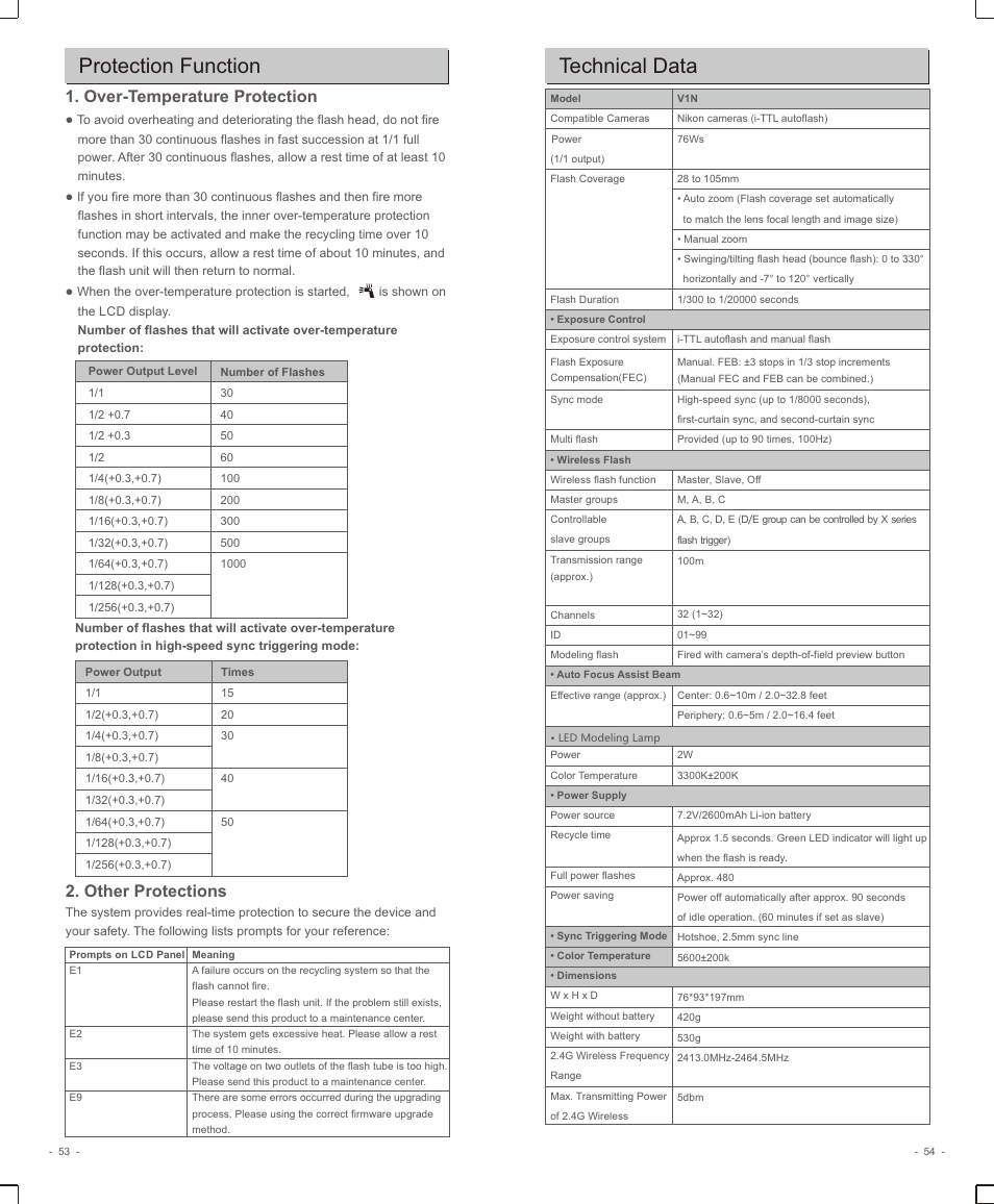 页 29, Protection function, Technical data | Over-temperature protection, Other protections | Godox V1 Flash for Nikon User Manual | Page 14 / 16