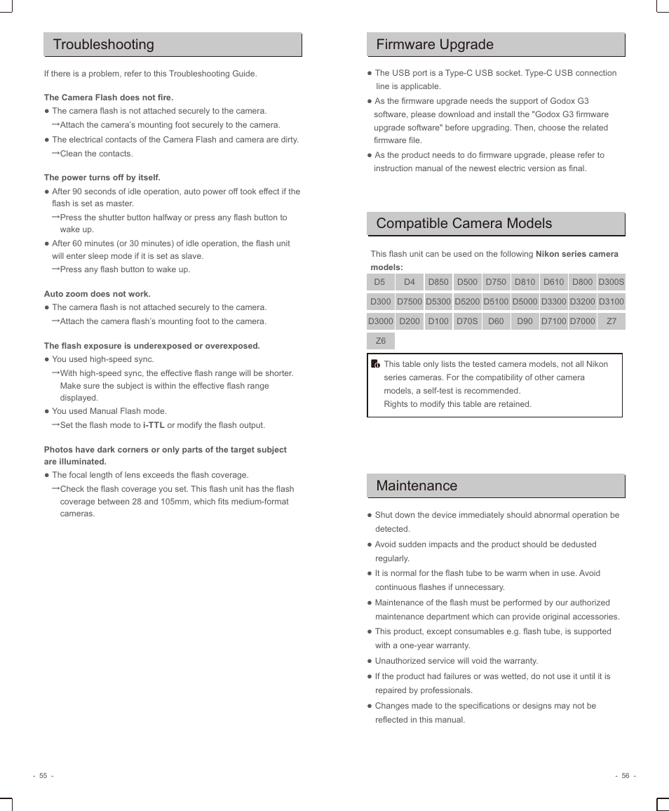 页 30, Troubleshooting, Firmware upgrade | Compatible camera models, Maintenance | Godox V1 Flash for Nikon User Manual | Page 15 / 16