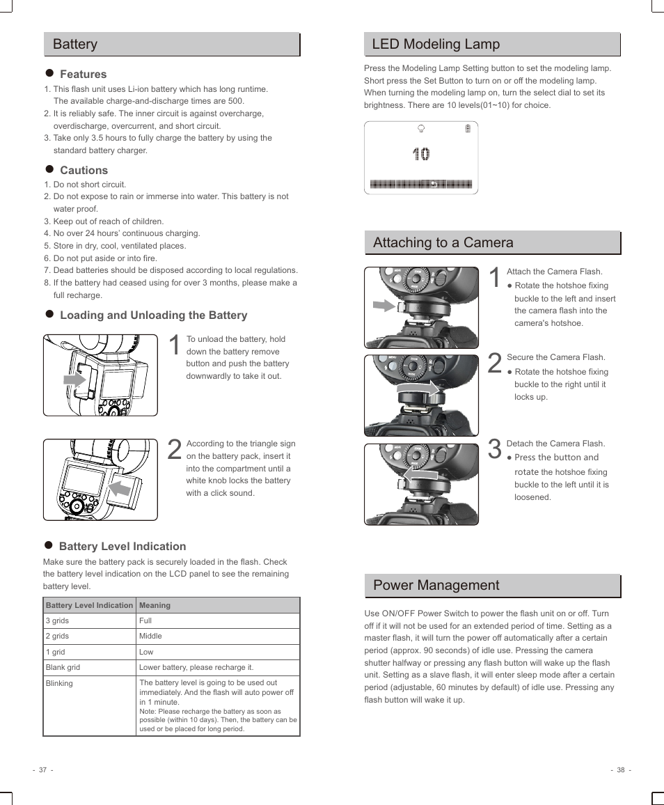 页 21, Battery, Attaching to a camera | Power management, Led modeling lamp | Godox V1 Flash for Nikon User Manual | Page 6 / 16