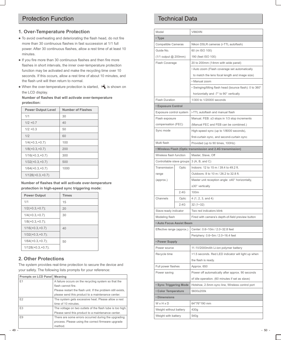 页 12, Technical data, Protection function | Over-temperature protection, Other protections | Godox VING V860IIN TTL Li-Ion Flash Kit for Cameras User Manual | Page 13 / 14