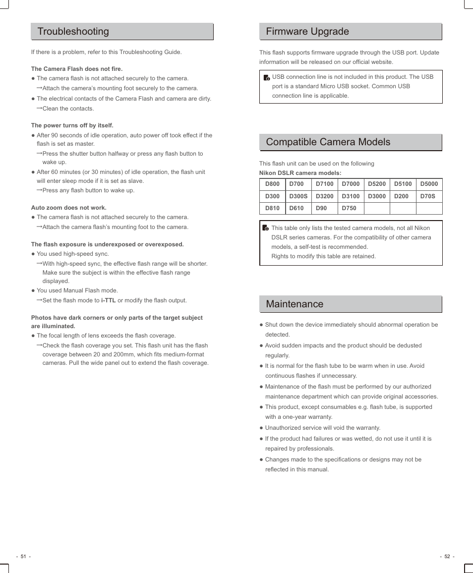 页 13, Firmware upgrade, Compatible camera models | Maintenance, Troubleshooting | Godox VING V860IIN TTL Li-Ion Flash Kit for Cameras User Manual | Page 14 / 14