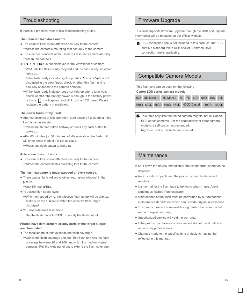 Troubleshooting, Firmware upgrade, Compatible camera models | Maintenance | Godox VING V860IIC TTL Li-Ion Flash Kit for Cameras User Manual | Page 22 / 22