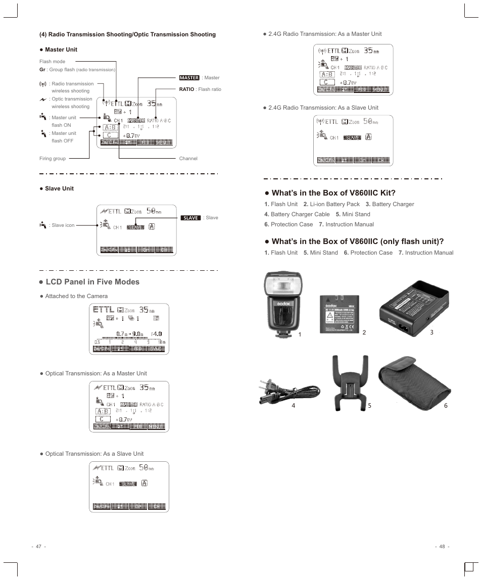 Lcd panel in five modes, What’s in the box of v860iic kit, What’s in the box of v860iic (only flash unit) | Godox VING V860IIC TTL Li-Ion Flash Kit for Cameras User Manual | Page 5 / 22