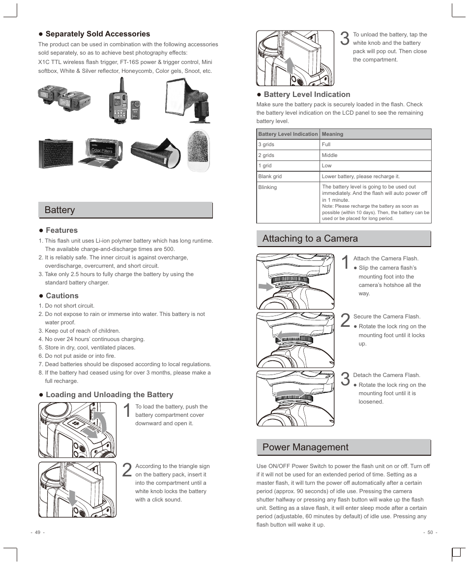 Battery, Attaching to a camera, Power management | Godox VING V860IIC TTL Li-Ion Flash Kit for Cameras User Manual | Page 6 / 22