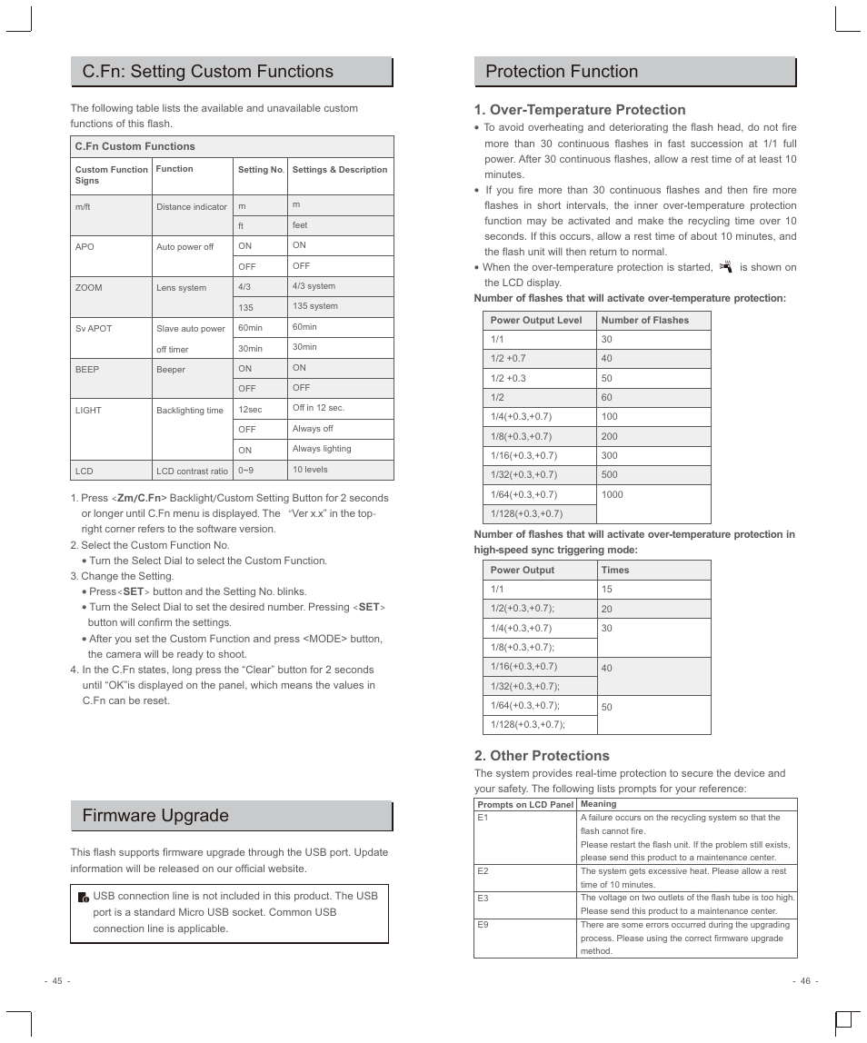 C.fn: setting custom functions, Protection function, Firmware upgrade | Over-temperature protection, Other protections | Godox TT685O II Flash for Olympus/Cameras User Manual | Page 12 / 14