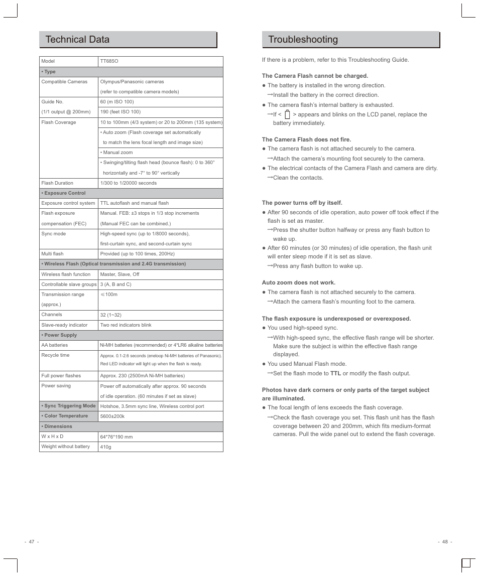 Technical data, Troubleshooting | Godox TT685O II Flash for Olympus/Cameras User Manual | Page 13 / 14