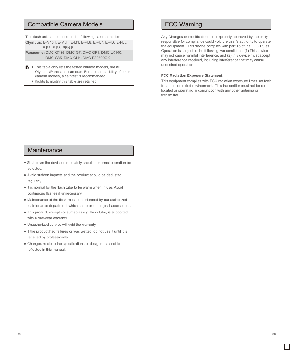 Maintenance compatible camera models, Fcc w arning | Godox TT685O II Flash for Olympus/Cameras User Manual | Page 14 / 14