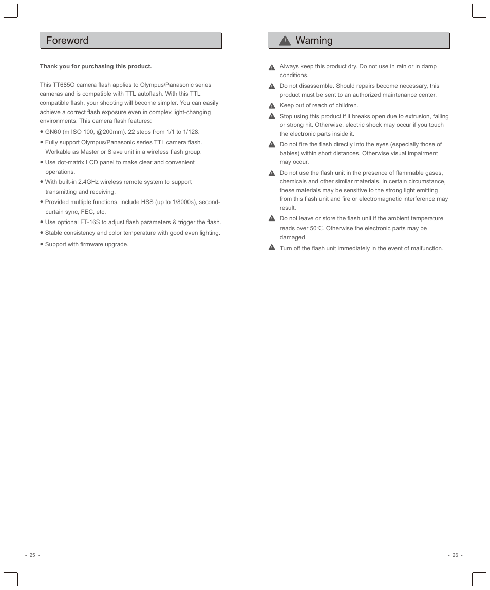 Foreword, Warning | Godox TT685O II Flash for Olympus/Cameras User Manual | Page 2 / 14