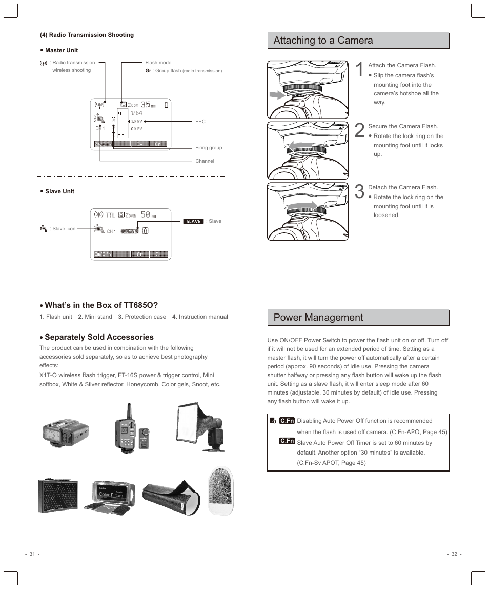 Attaching to a camera, Power management | Godox TT685O II Flash for Olympus/Cameras User Manual | Page 5 / 14