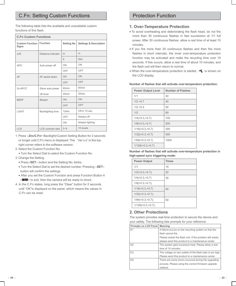 页 12, C.fn: setting custom functions, Protection function | Over-temperature protection, Other protections | Godox VING V860IIS TTL Li-Ion Flash Kit for Cameras User Manual | Page 13 / 15