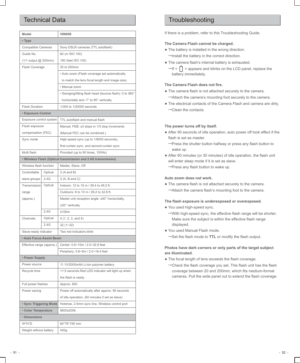 页 13, Technical data, Troubleshooting | Godox VING V860IIS TTL Li-Ion Flash Kit for Cameras User Manual | Page 14 / 15
