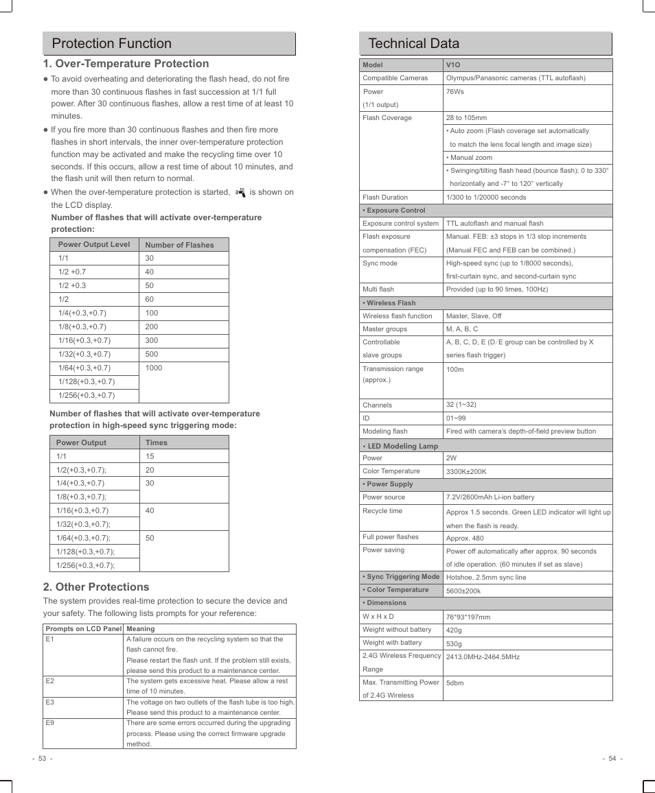 页 29, Protection function, Technical data | Over-temperature protection 2. other protections | Godox V1 Flash for and Panasonic User Manual | Page 14 / 16