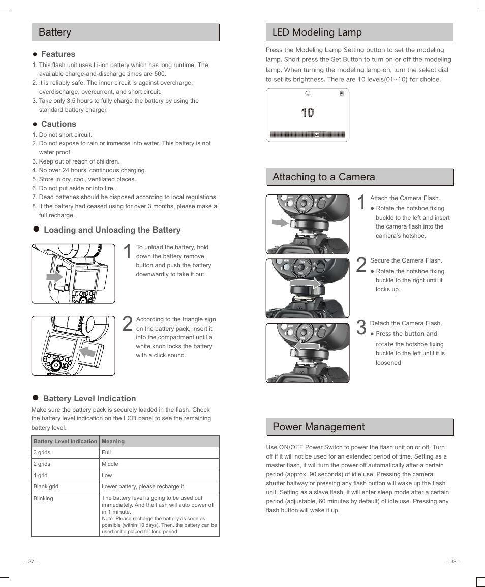 页 21, Battery, Attaching to a camera | Power management, Led modeling lamp | Godox V1 Flash for and Panasonic User Manual | Page 6 / 16