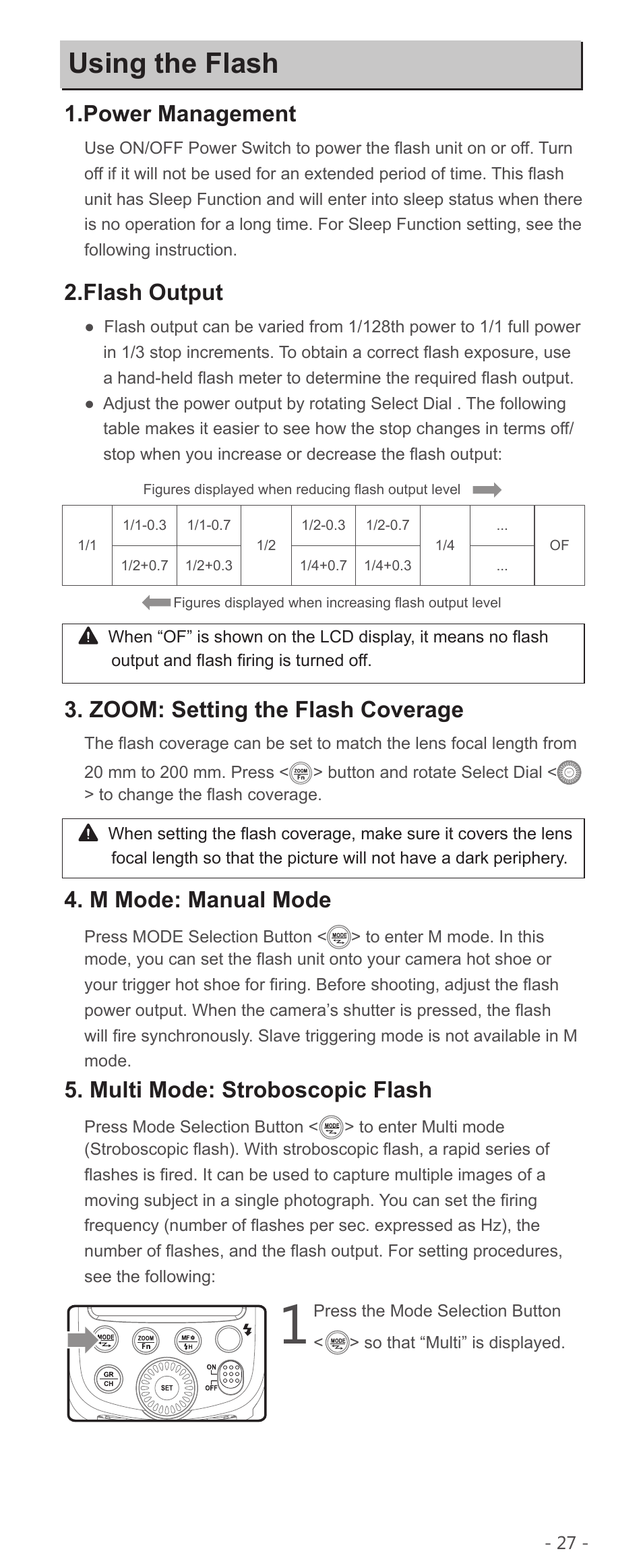 Using the flash, Power management, Flash output | Zoom: setting the flash coverage, M mode: manual mode, Multi mode: stroboscopic flash | Godox VING V850II Li-Ion Flash Kit User Manual | Page 10 / 22