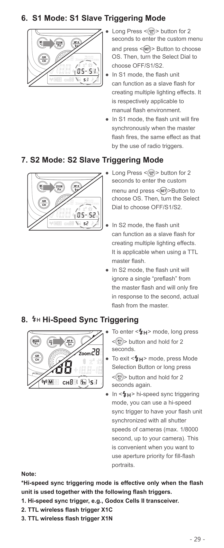S1 mode: s1 slave triggering mode, S2 mode: s2 slave triggering mode, Hi-speed sync triggering | Godox VING V850II Li-Ion Flash Kit User Manual | Page 12 / 22