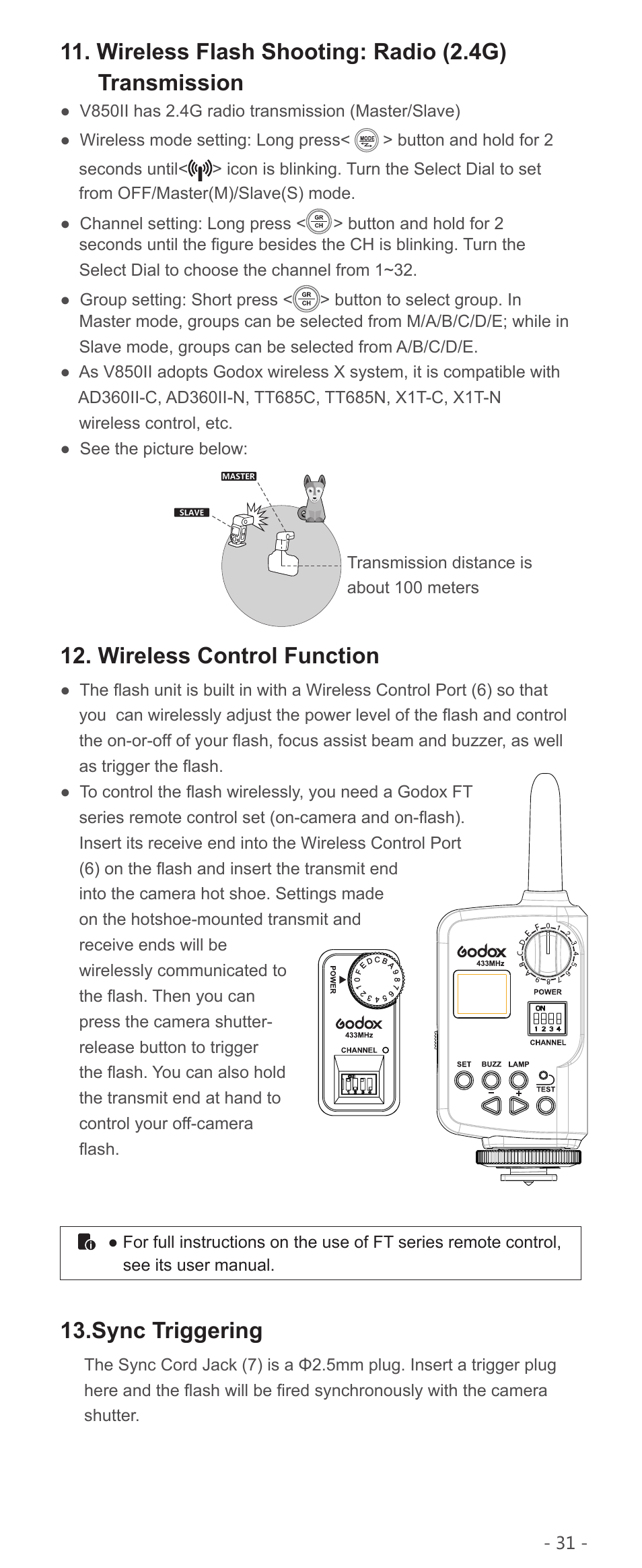 Wireless flash shooting: radio (2.4g) transmission, Wireless control function, Sync triggering | Godox VING V850II Li-Ion Flash Kit User Manual | Page 14 / 22