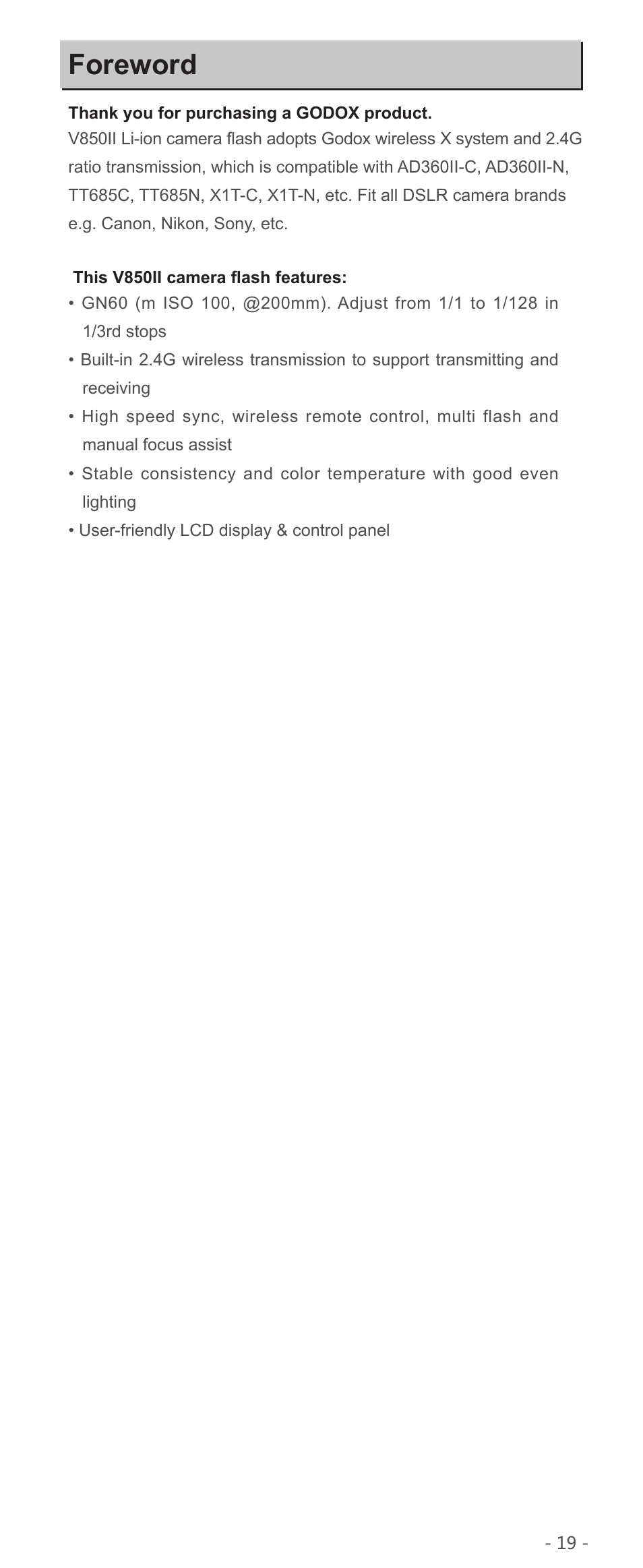 Foreword | Godox VING V850II Li-Ion Flash Kit User Manual | Page 2 / 22