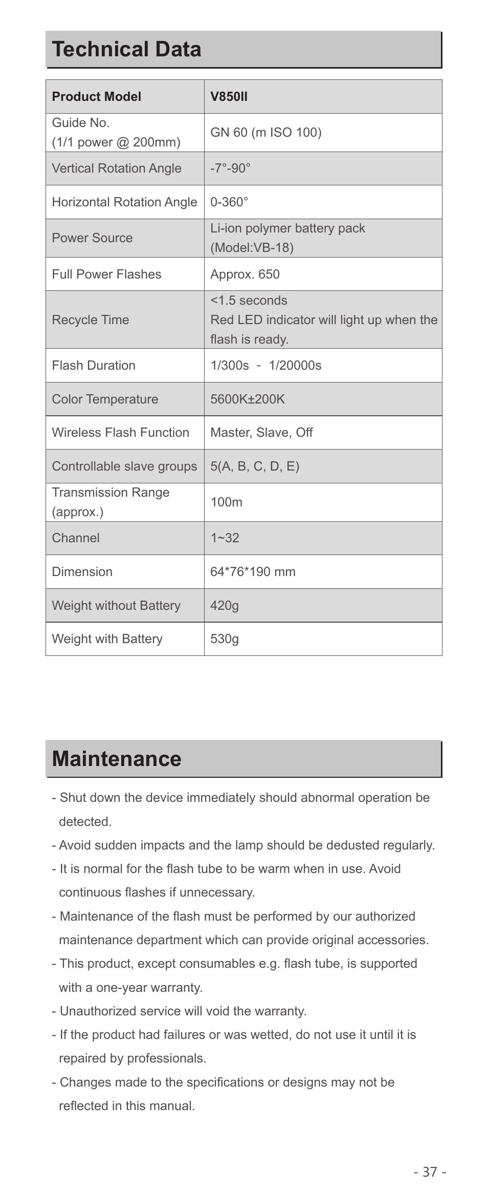 Technical data maintenance | Godox VING V850II Li-Ion Flash Kit User Manual | Page 20 / 22