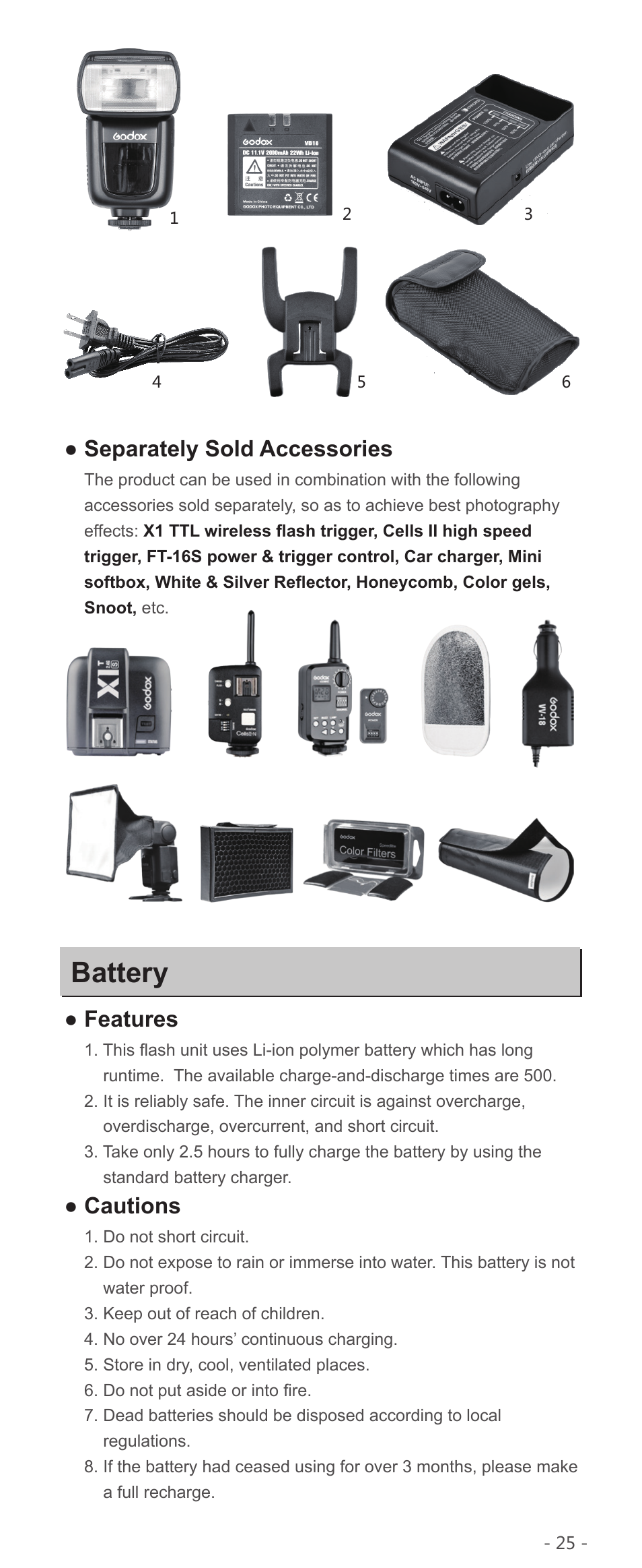 Battery, Separately sold accessories, Features | Cautions | Godox VING V850II Li-Ion Flash Kit User Manual | Page 8 / 22