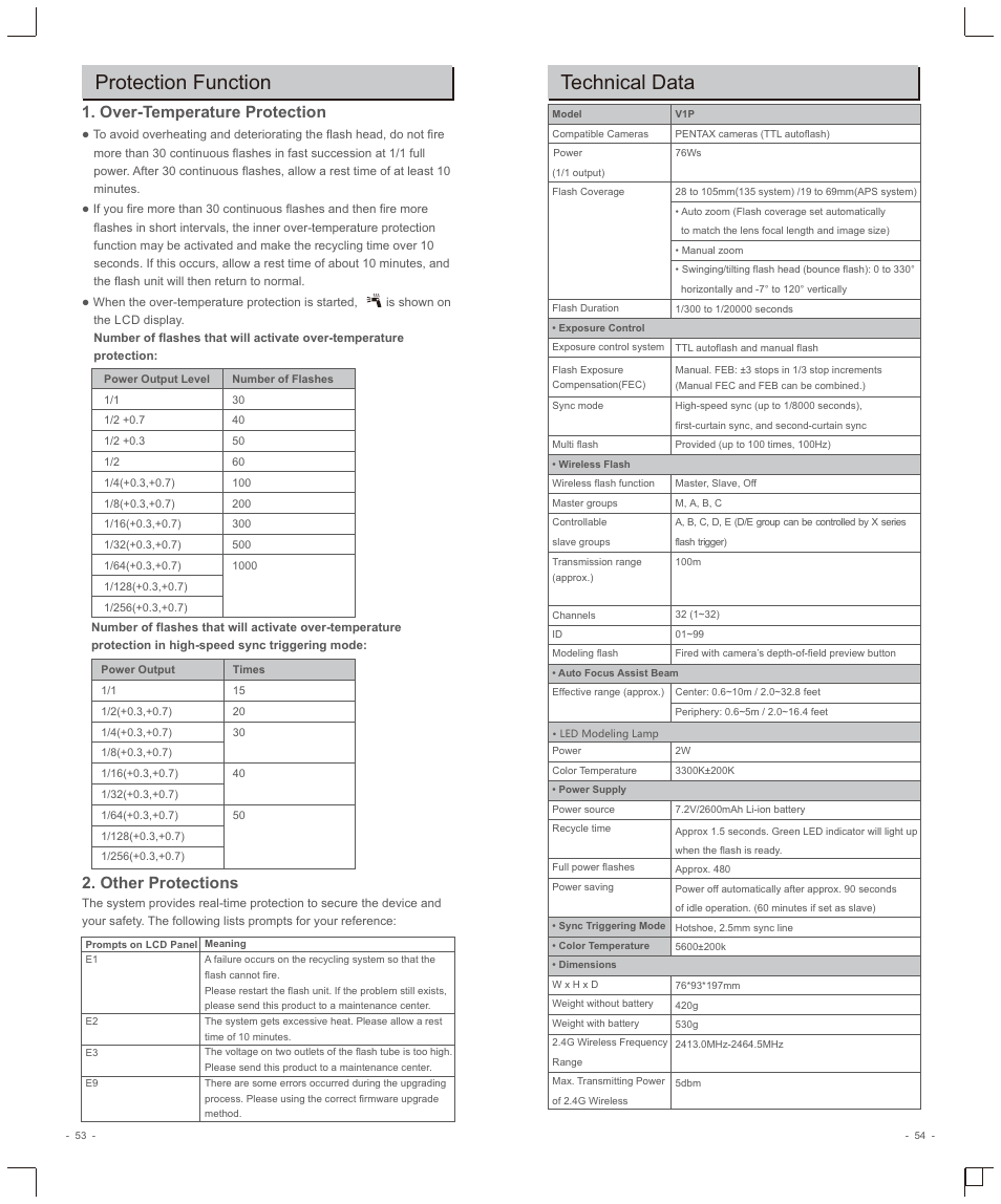 Protection function, Technical data, Over-temperature protection | Other protections | Godox V1 Flash for Pentax User Manual | Page 14 / 16