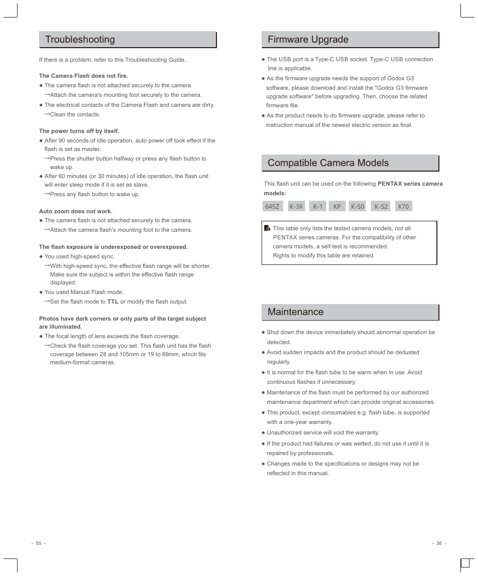 Troubleshooting, Firmware upgrade, Compatible camera models | Maintenance | Godox V1 Flash for Pentax User Manual | Page 15 / 16