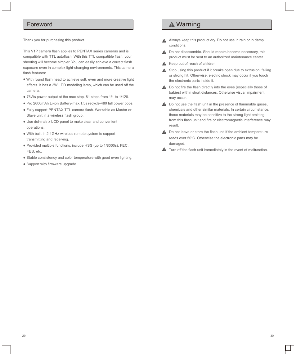 Warning foreword | Godox V1 Flash for Pentax User Manual | Page 2 / 16