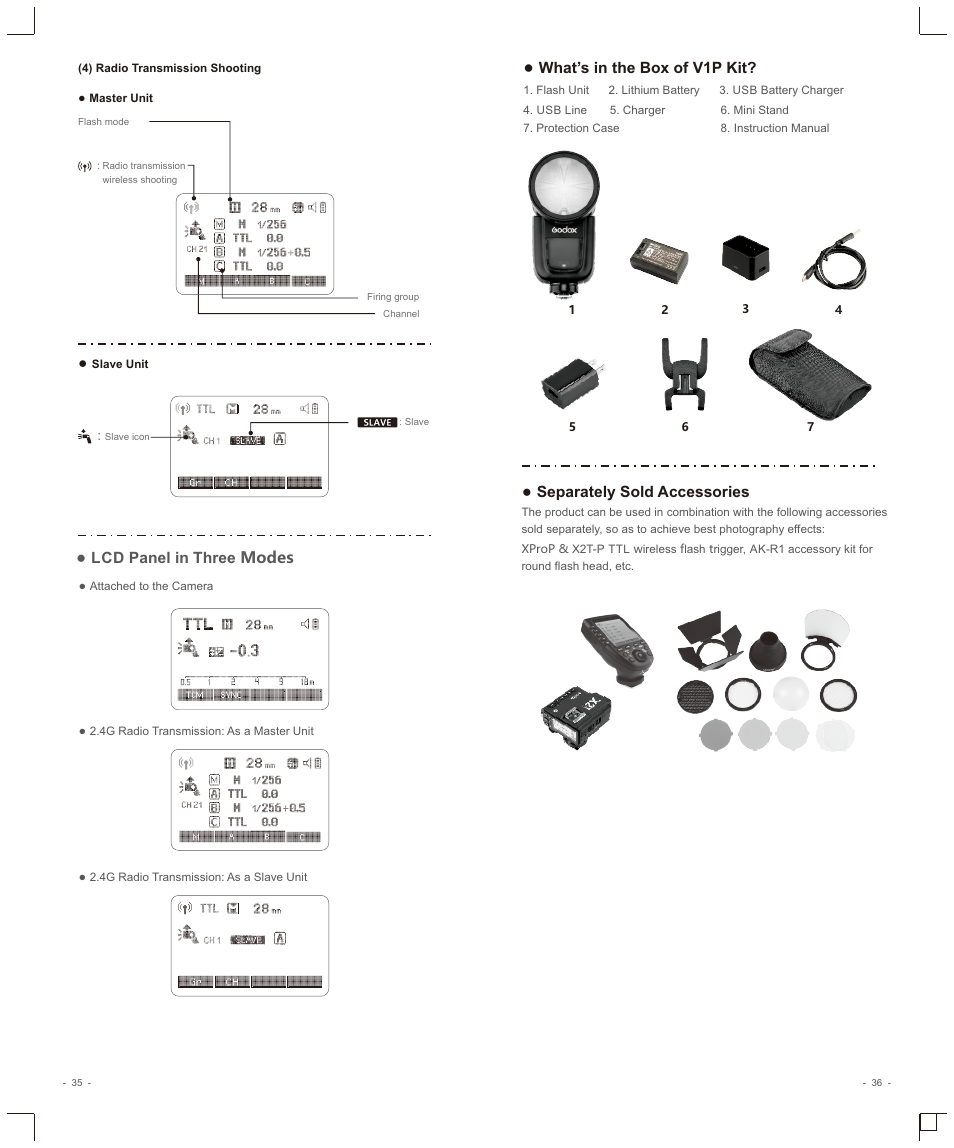 Lcd panel in three modes, What’s in the box of v1p kit, Separately sold accessories | Godox V1 Flash for Pentax User Manual | Page 5 / 16